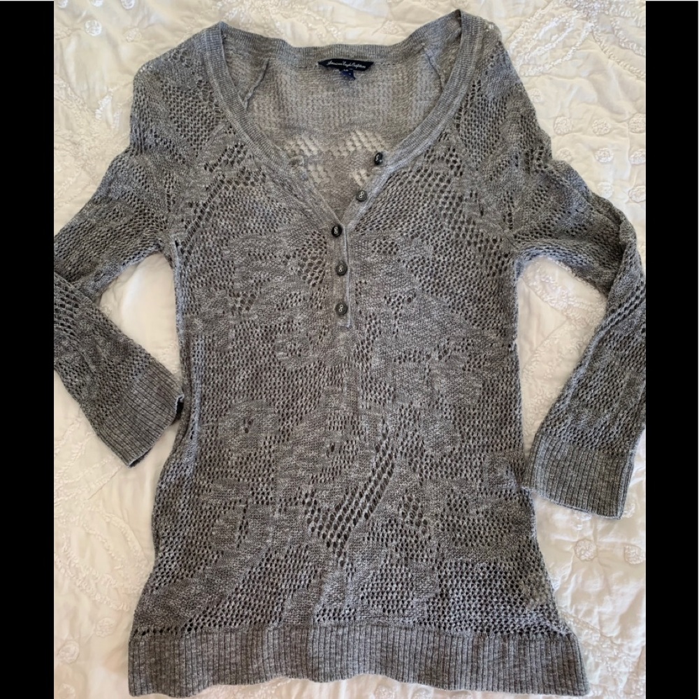 American Eagle Crochet Henley Sweater